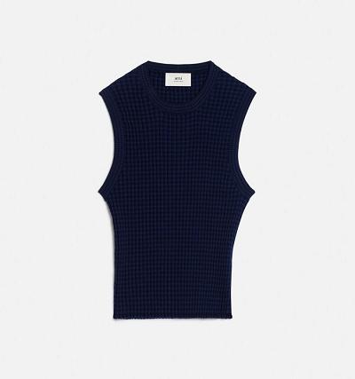 Navy Ami Paris Pleated Sleeveless Sweaters | ami_IE395