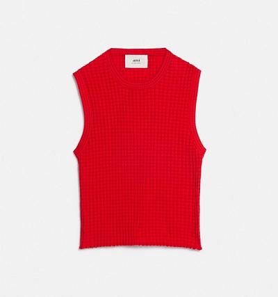 Red Ami Paris Pleated Sleeveless Sweaters | ami_IE573