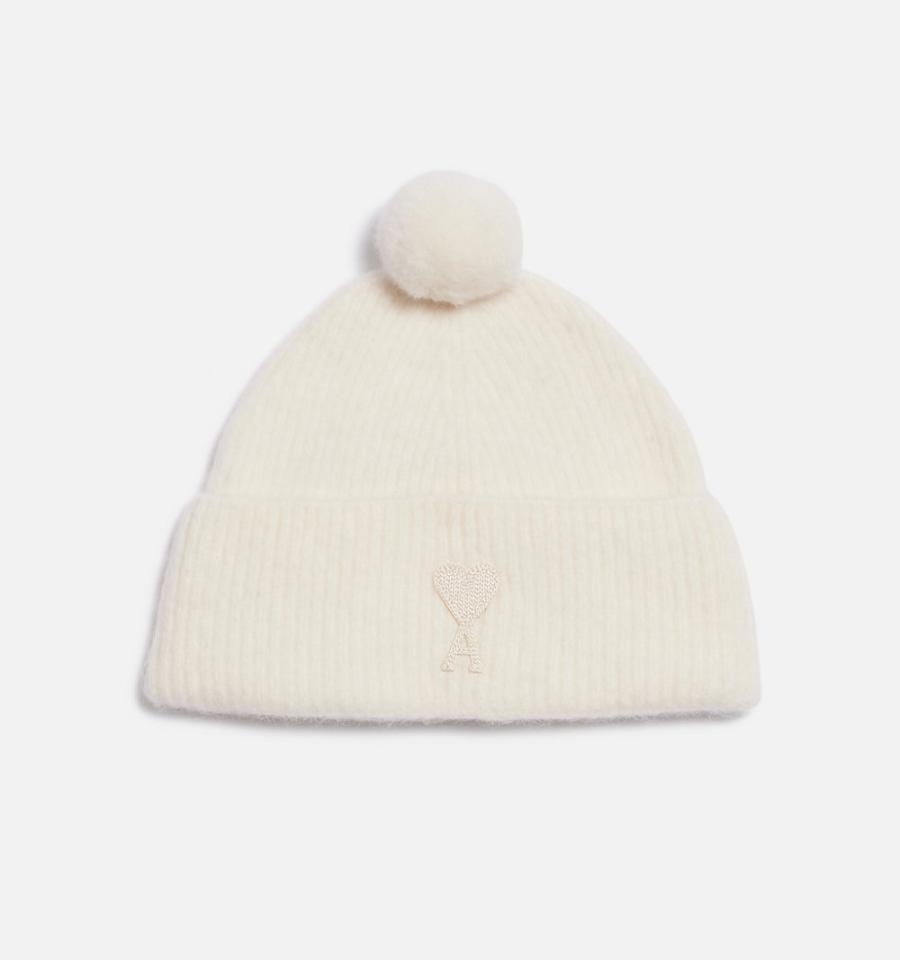 Beige Ami Paris Ami De Coeur with Pom Pom Beanies | ami_IE502