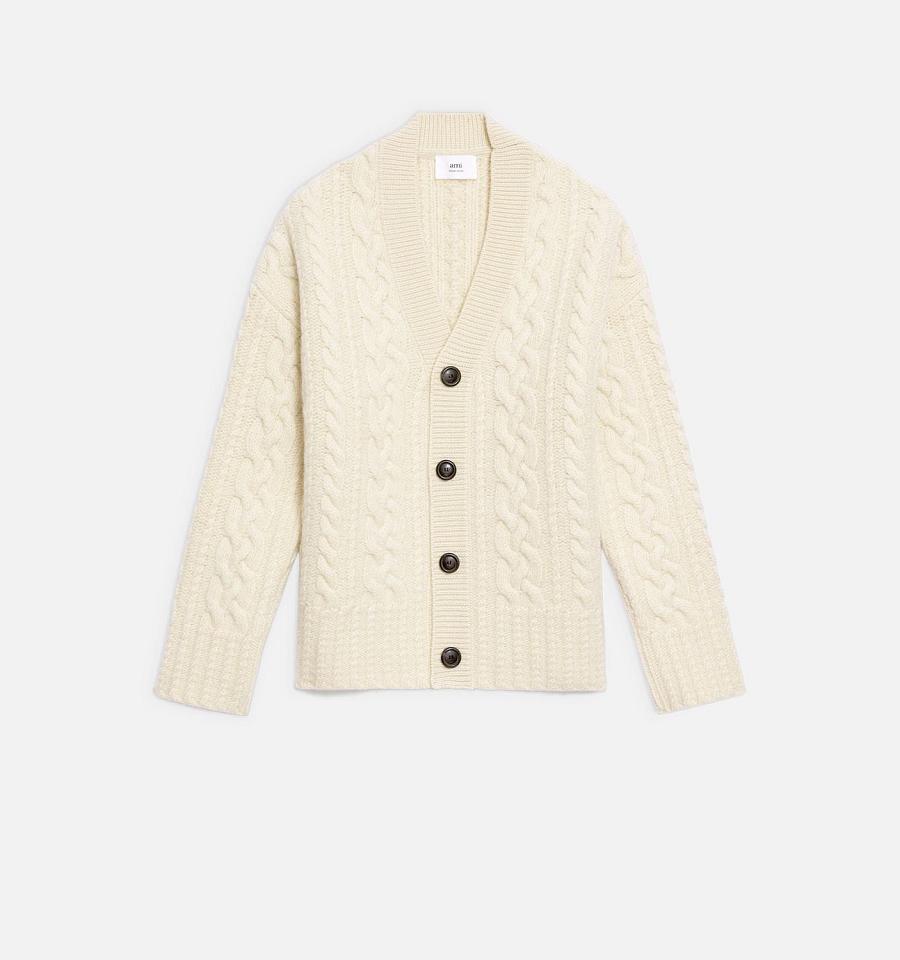 Beige Ami Paris Cable Knitted Cardigans | ami_IE219