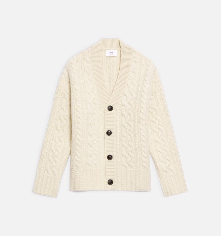 Beige Ami Paris Cable Knitted Cardigans | ami_IE366