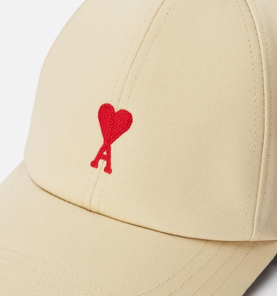 Beige Ami Paris Red Ami de Coeur Embroidery Caps | ami_IE195