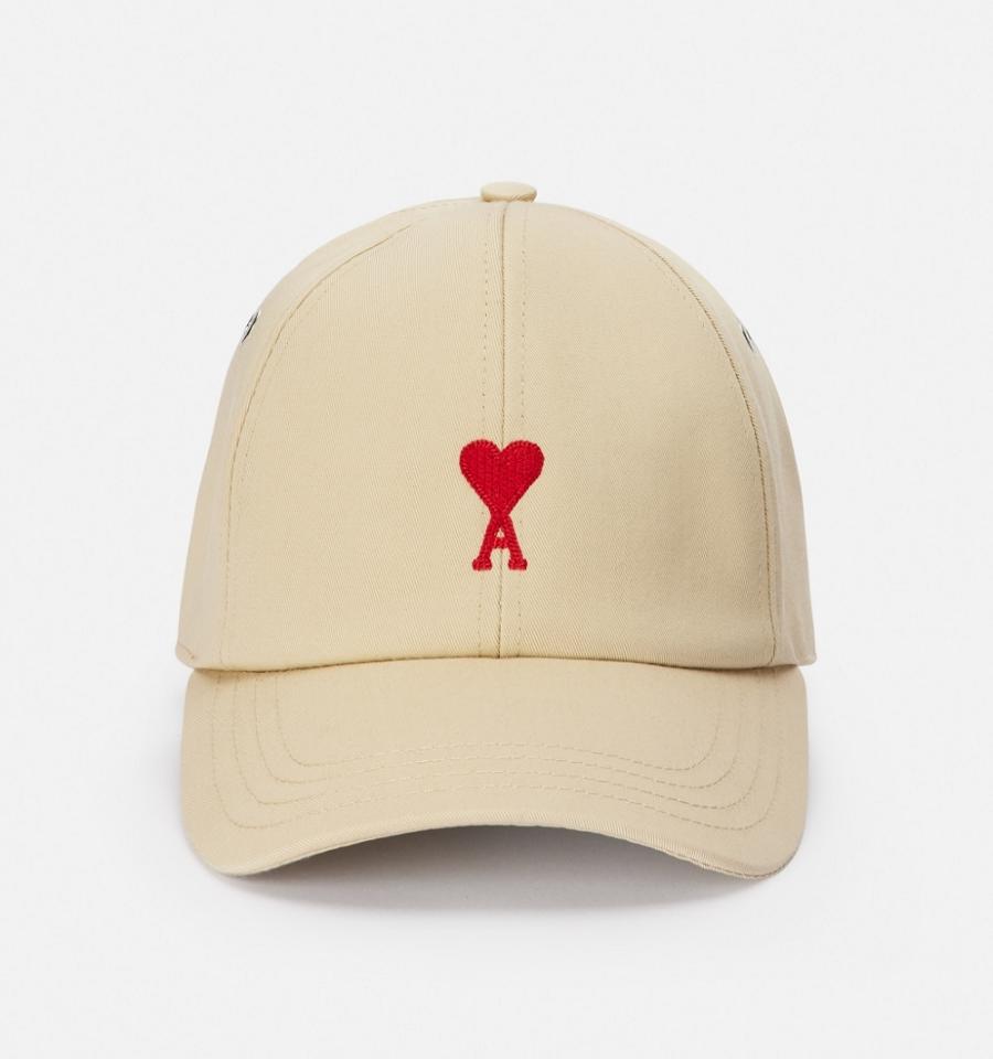 Beige Ami Paris Red Ami de Coeur Embroidery Caps | ami_IE195