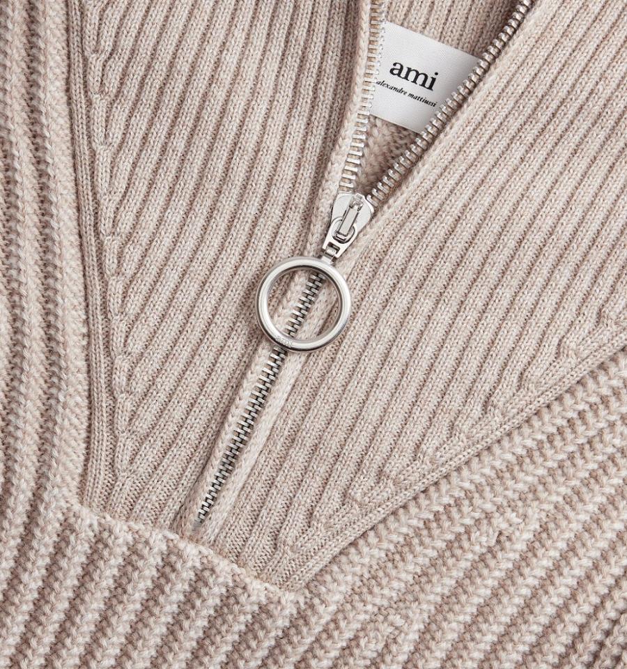 Beige Ami Paris Zipped Collar Ribbed Jumper Sweaters | ami_IE411