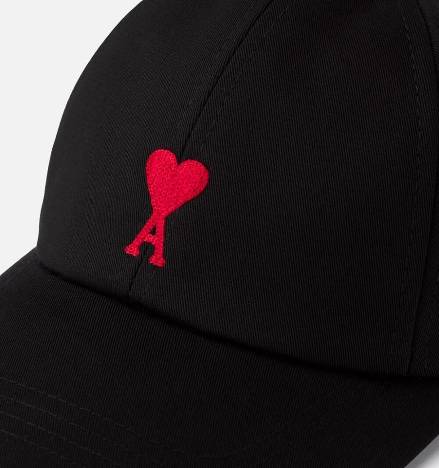 Black Ami Paris Ami De Coeur Embroidery Caps | ami_IE535