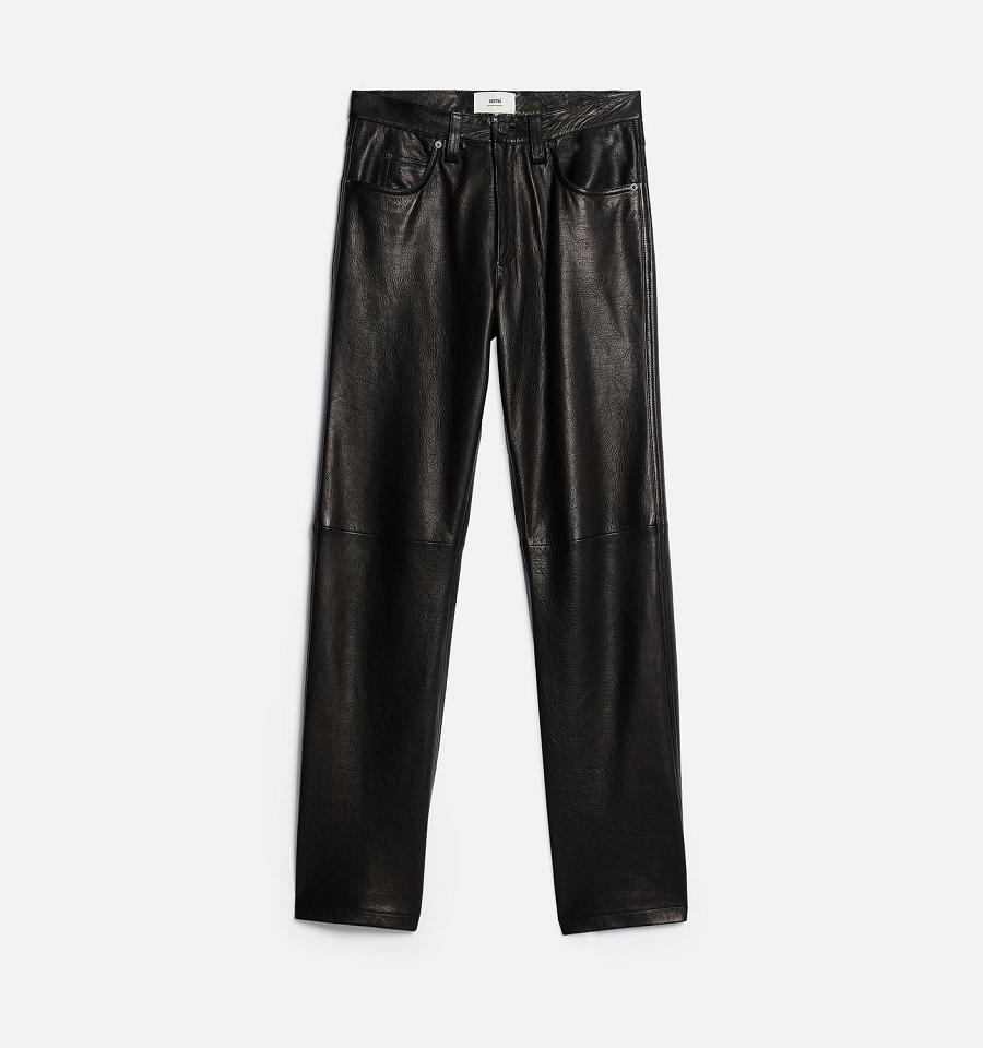 Black Ami Paris Leather Straight Fit Pants | ami_IE316