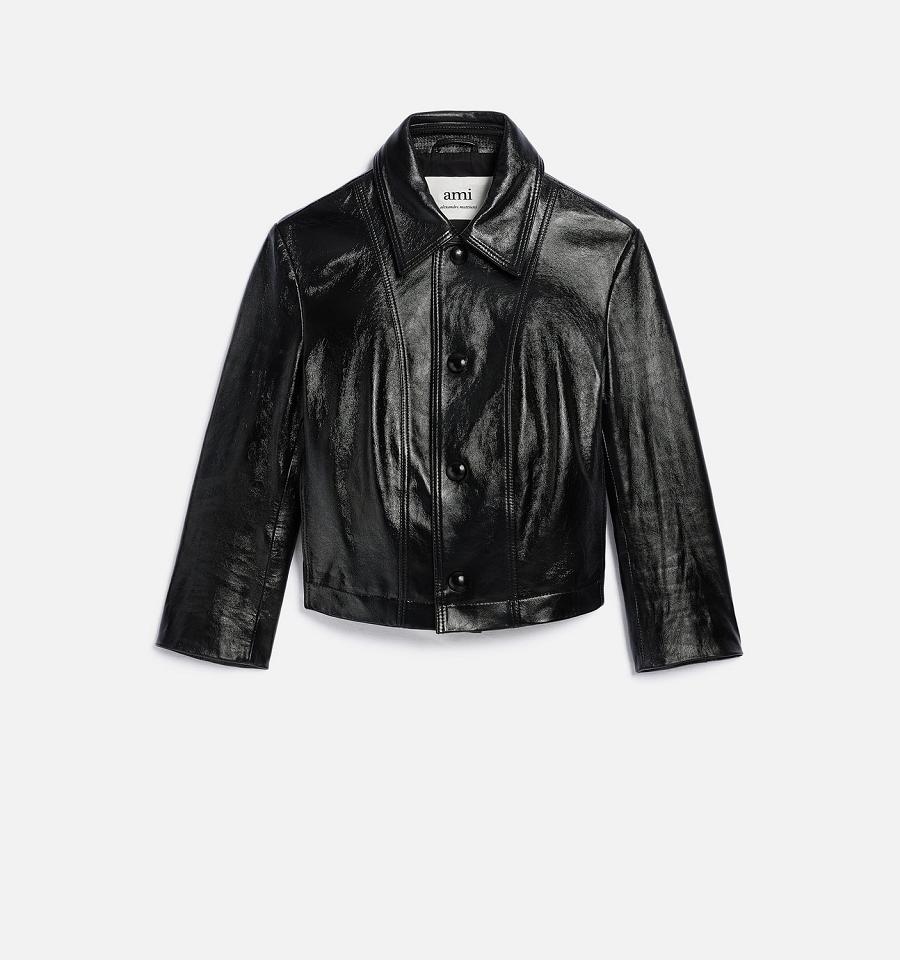 Black Ami Paris Short Leather Buttoned Jackets | ami_IE376