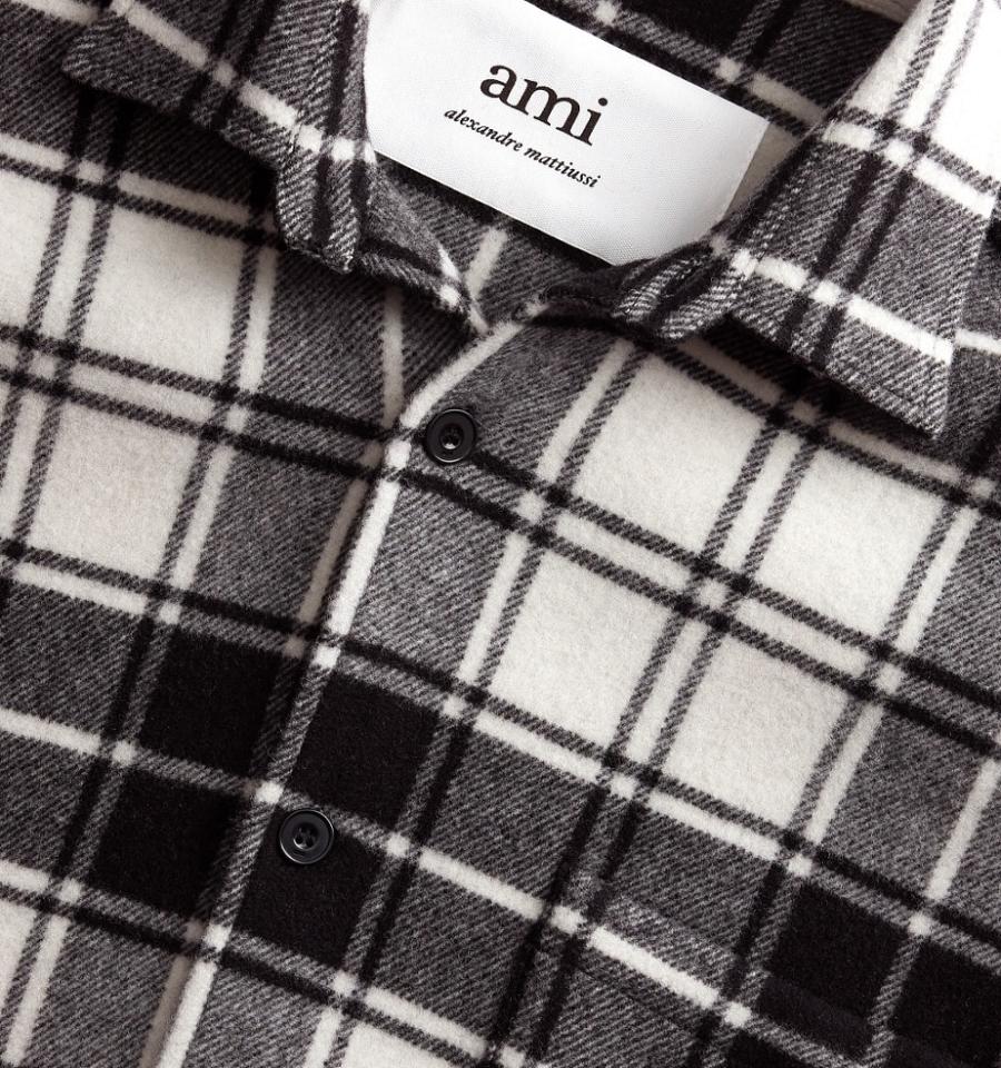 Black / White Ami Paris Checked Overshirt With Print Jackets | ami_IE413