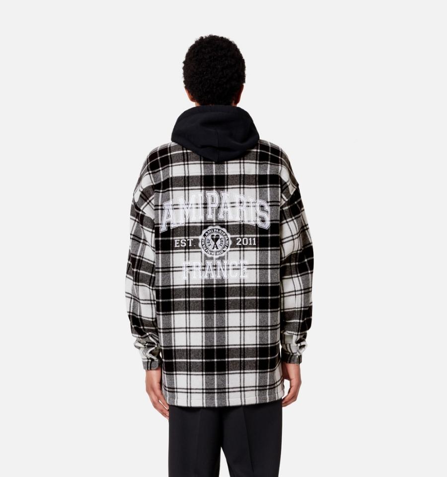 Black / White Ami Paris Checked Overshirt With Print Jackets | ami_IE413