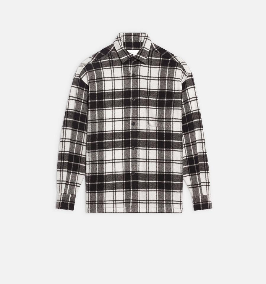 Black / White Ami Paris Checked Overshirt With Print Jackets | ami_IE413