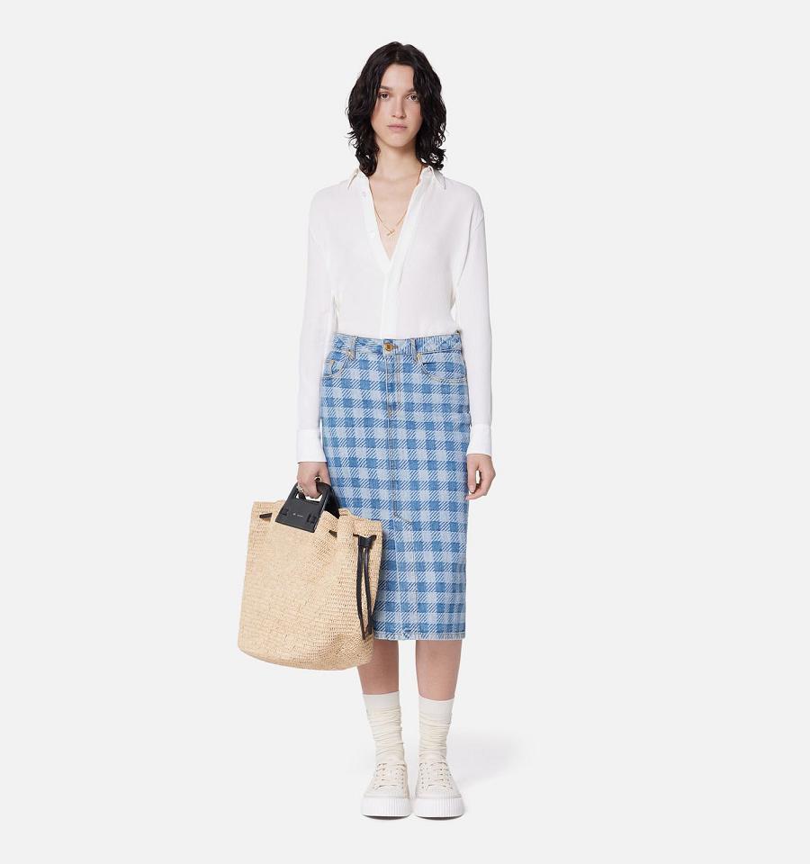 Blue Ami Paris Gingham Pattern Jacquard Pencil Skirts | ami_IE105