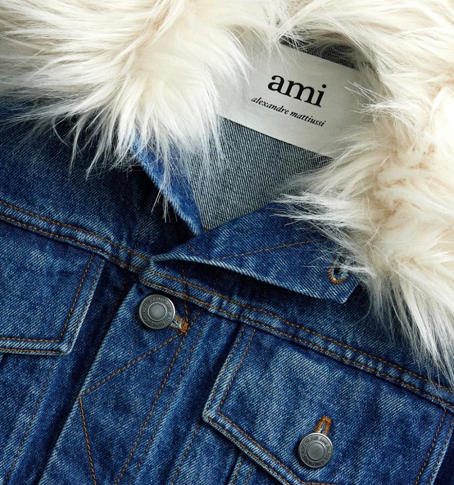 Blue Ami Paris With Synthetic Fur Collar Denim | ami_IE121