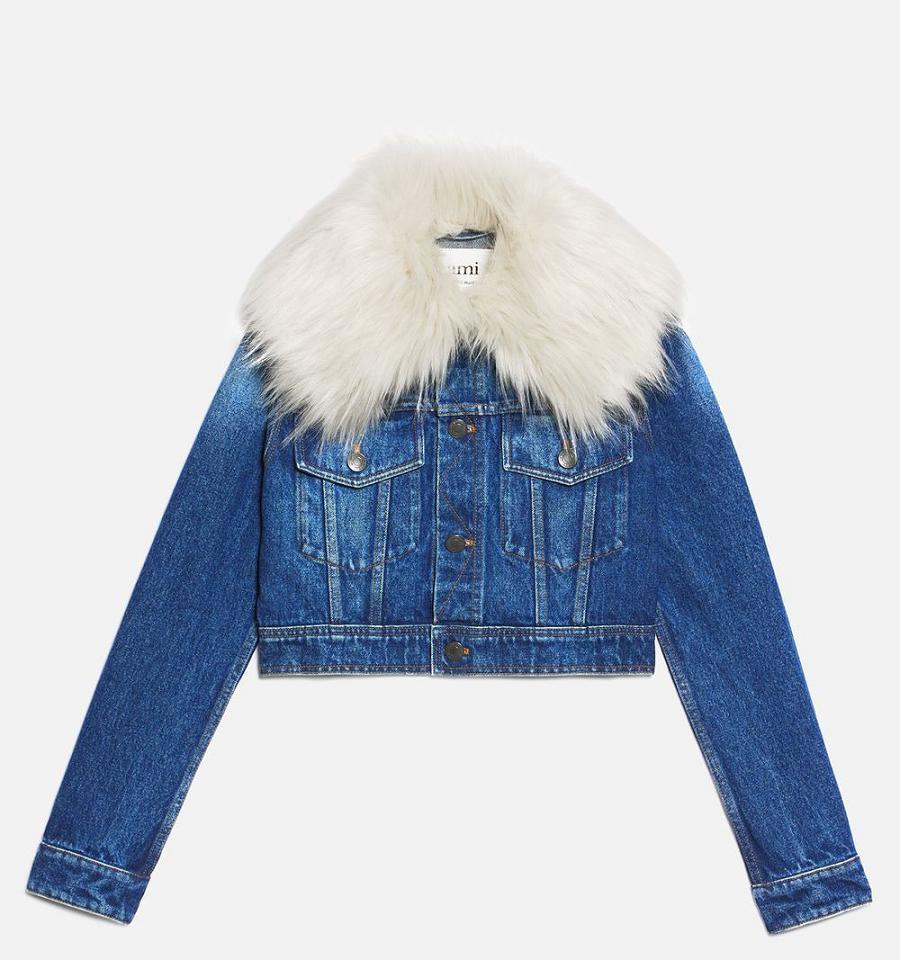 Blue Ami Paris With Synthetic Fur Collar Denim | ami_IE121