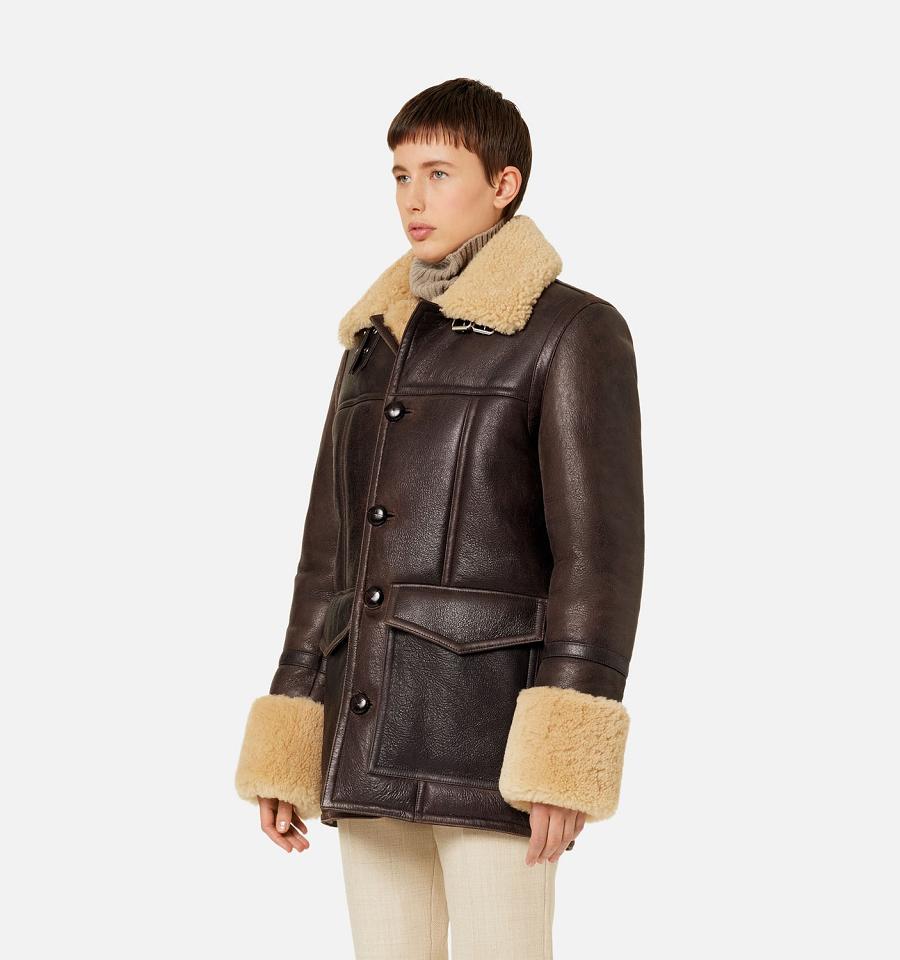 Brown Ami Paris Shearling Buttoned Jackets | ami_IE347