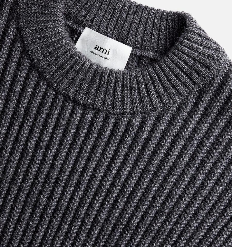 Grey Ami Paris Round Collar Ribbed Sweaters | ami_IE334