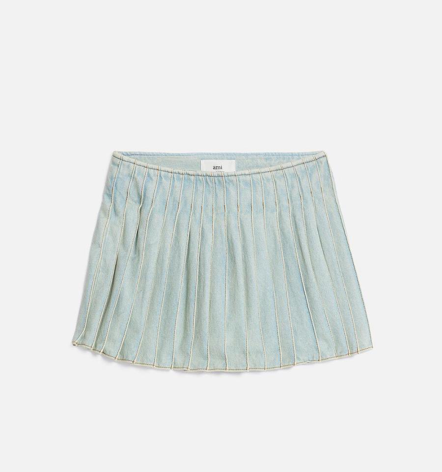 Light Blue Ami Paris Pleated Skirts | ami_IE477