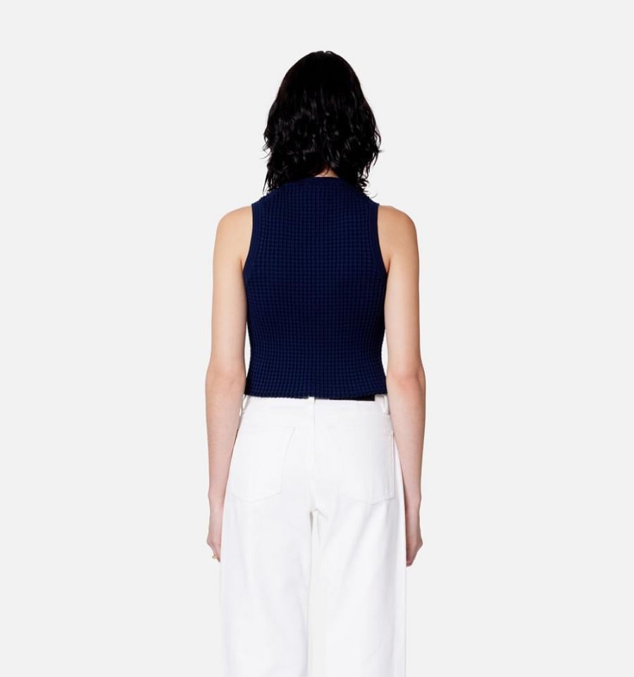 Navy Ami Paris Pleated Sleeveless Sweaters | ami_IE395