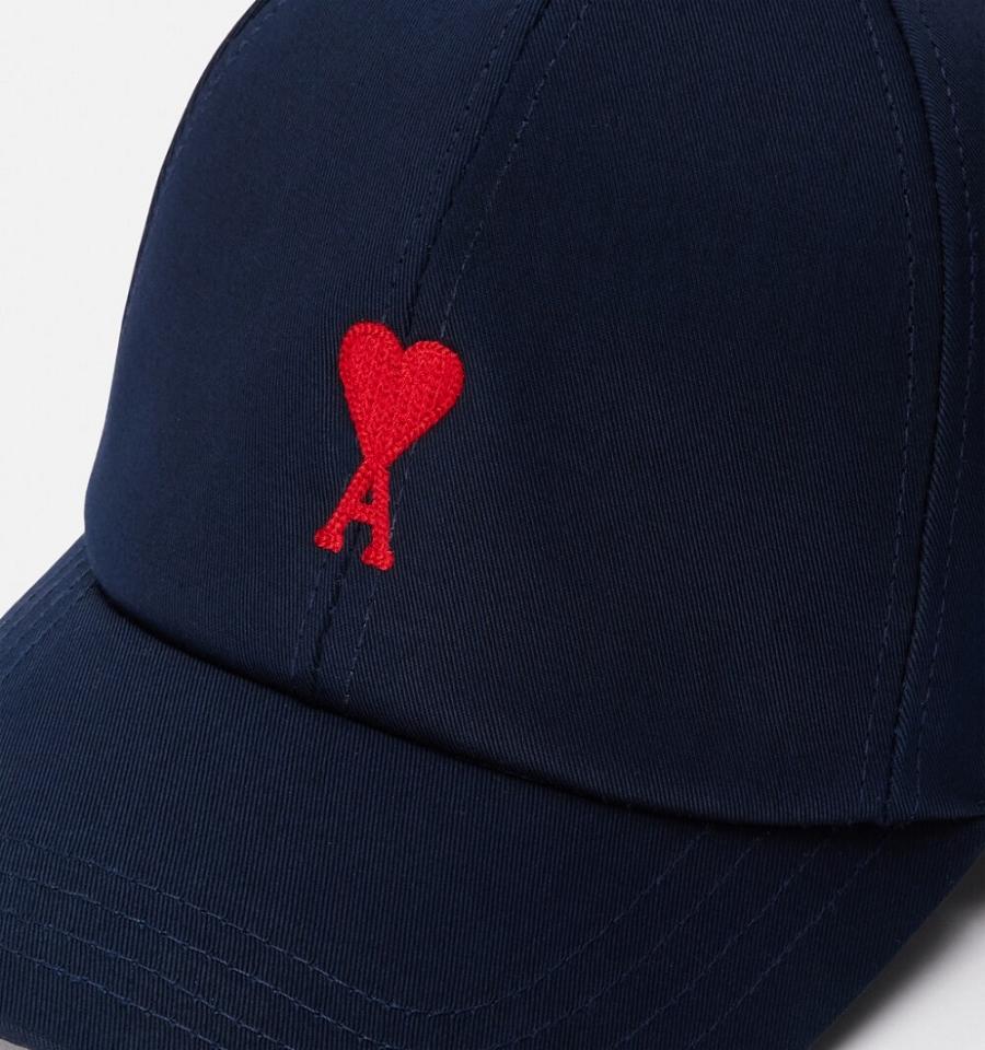 Navy Ami Paris Red Ami de Coeur Embroidery Caps | ami_IE404