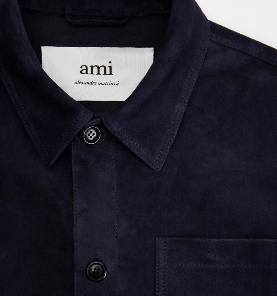 Navy Ami Paris Suede Leather Buttoned Jackets | ami_IE459