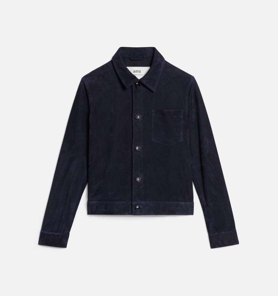 Navy Ami Paris Suede Leather Buttoned Jackets | ami_IE459