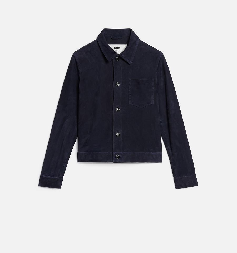 Navy Ami Paris Suede Leather Buttoned Jackets | ami_IE459