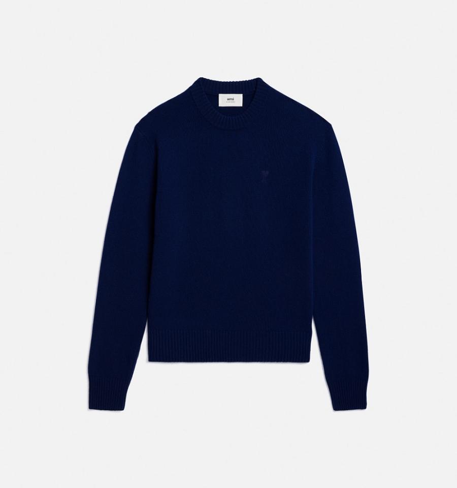 Navy Ami Paris Tonal Ami de Coeur Crewneck Sweaters | ami_IE283