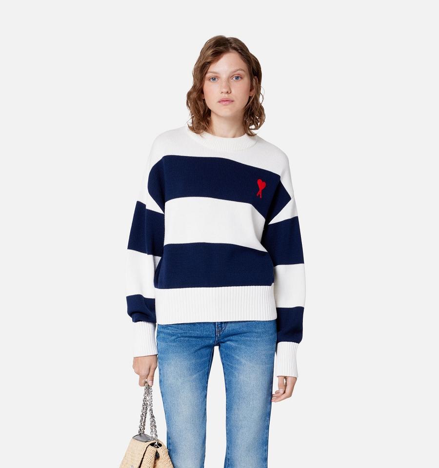 Navy / White Ami Paris Ami de Coeur With Rugby Stripes Sweaters | ami_IE531