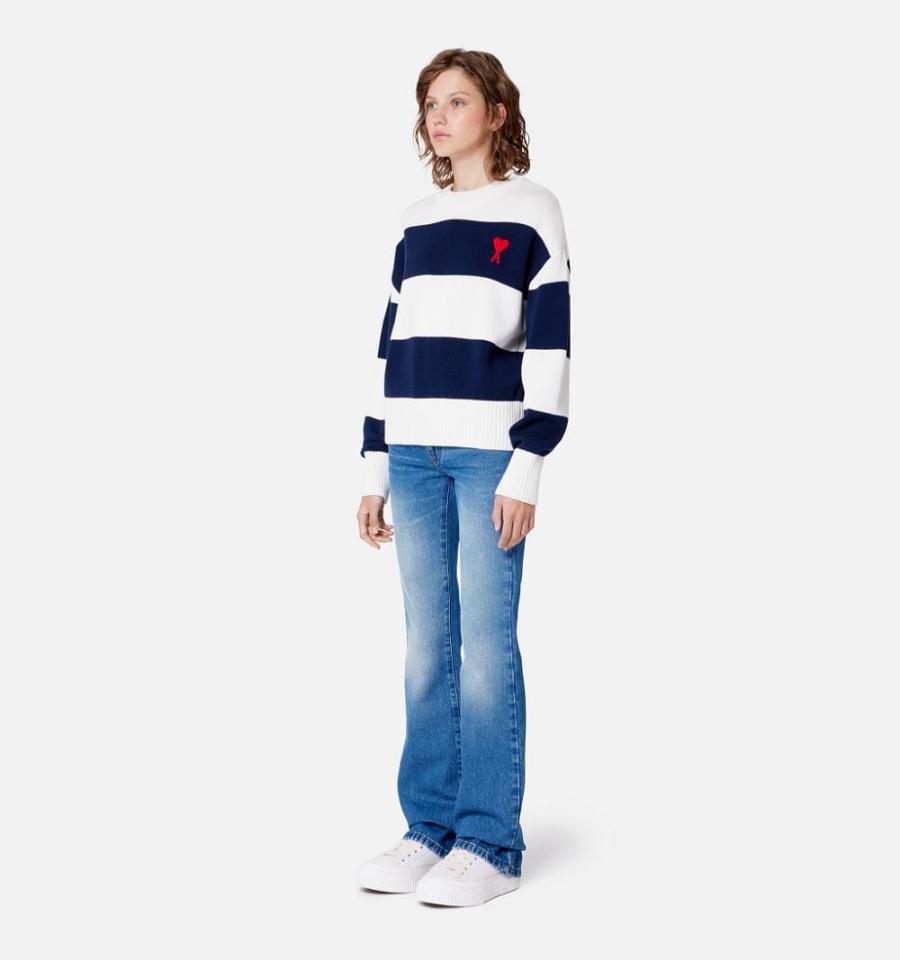 Navy / White Ami Paris Ami de Coeur With Rugby Stripes Sweaters | ami_IE531