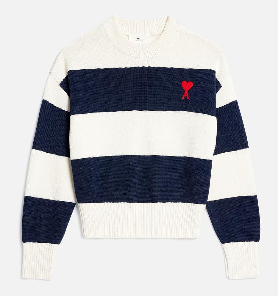 Navy / White Ami Paris Ami de Coeur With Rugby Stripes Sweaters | ami_IE531