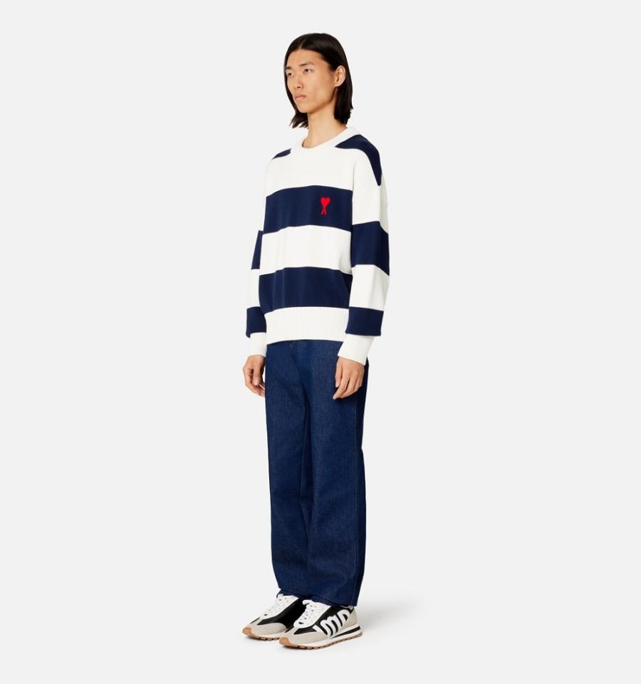 White / Navy Ami Paris Ami de Coeur With Rugby Stripes Sweaters | ami_IE341