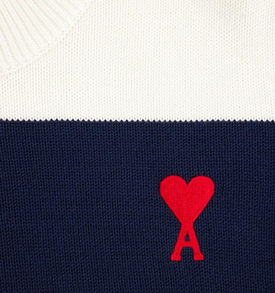 White / Navy Ami Paris Ami de Coeur With Rugby Stripes Sweaters | ami_IE341