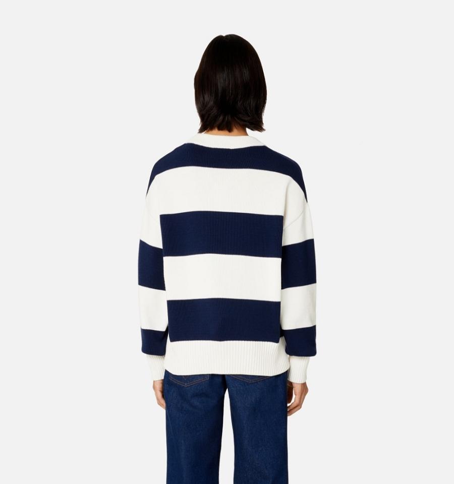 White / Navy Ami Paris Ami de Coeur With Rugby Stripes Sweaters | ami_IE341