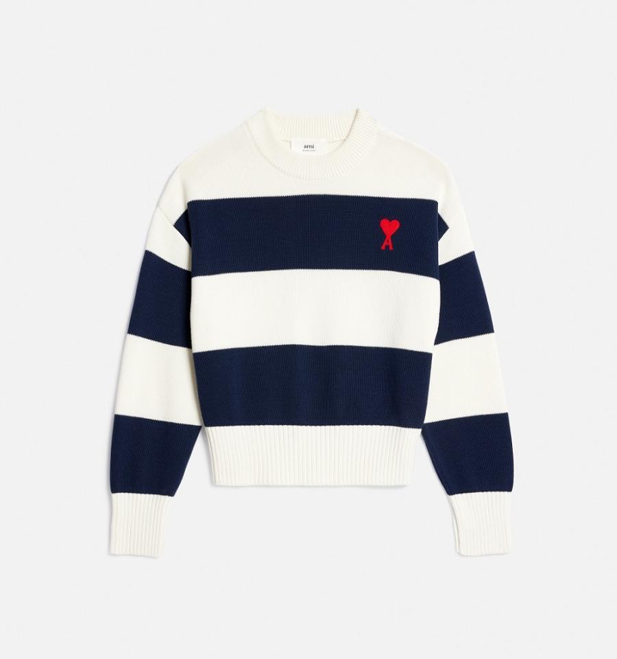 White / Navy Ami Paris Ami de Coeur With Rugby Stripes Sweaters | ami_IE341