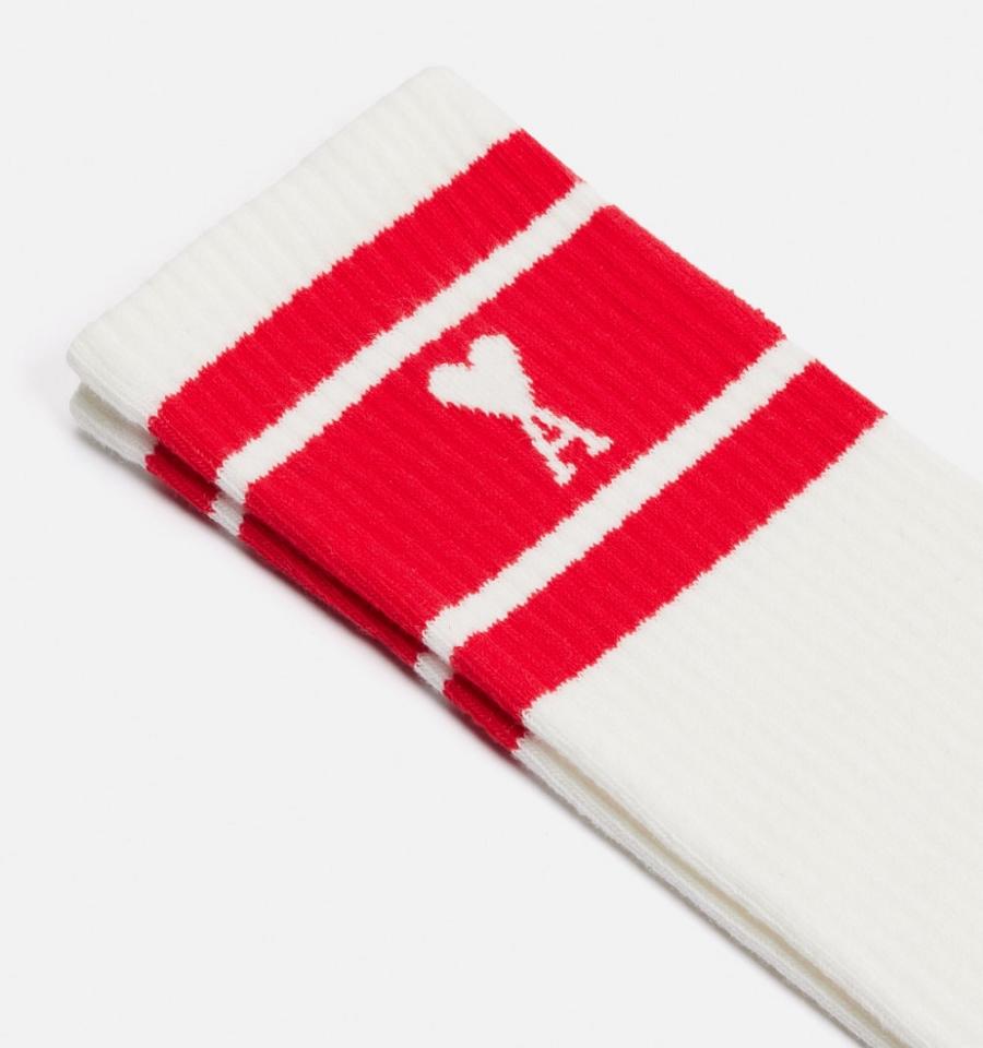 White / Red Ami Paris Ami de Coeur Striped Socks | ami_IE472